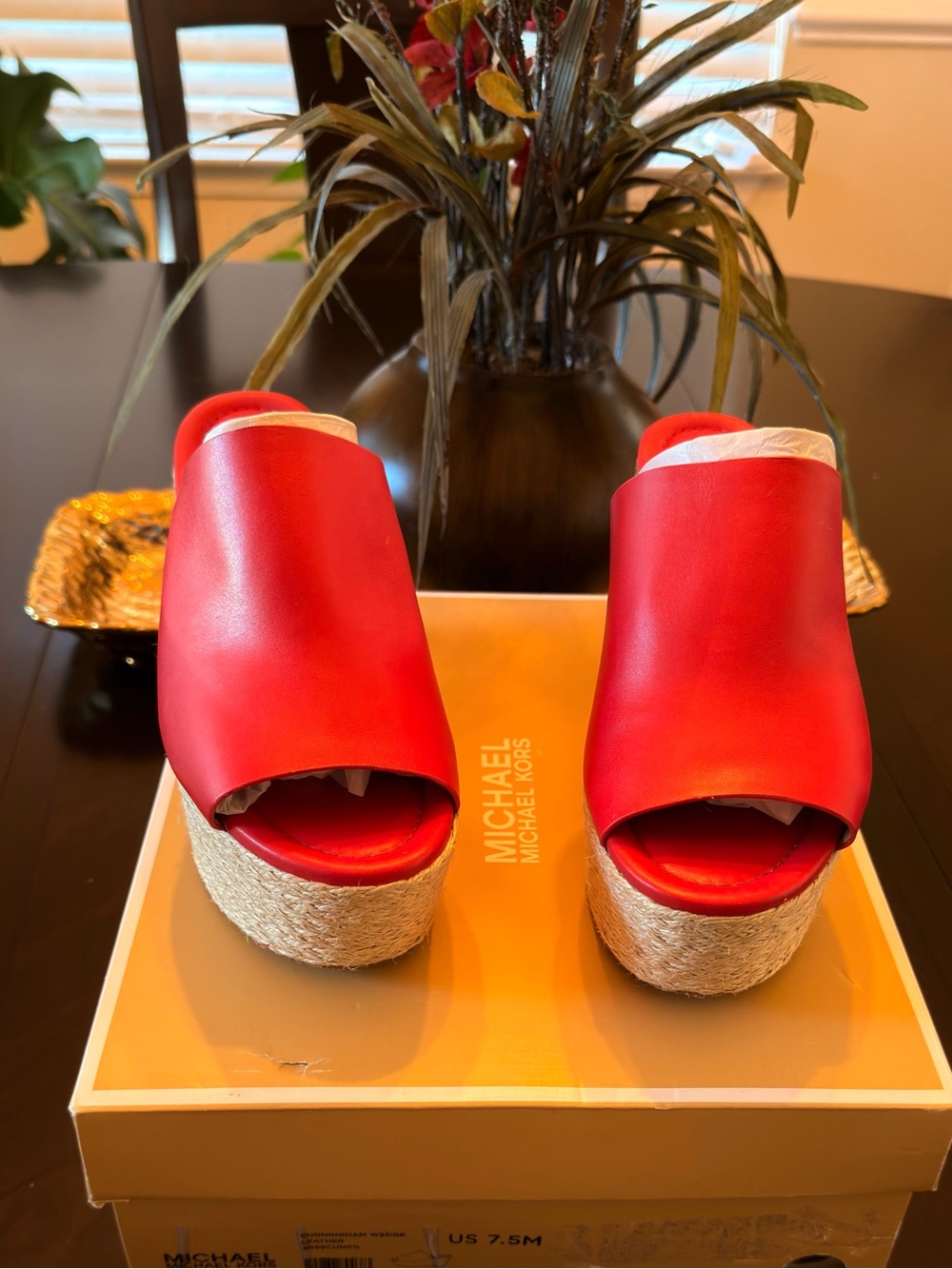 Michael Kors Red Leather Espadrille Wedge Sandals
